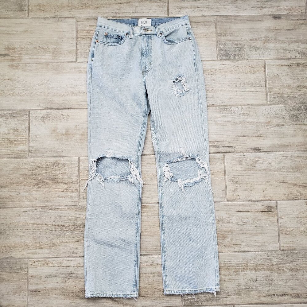 BDG Urban Outfitters Mid Rise Bootcut Jeans Destroyed Knee Light Wash Grunge 27